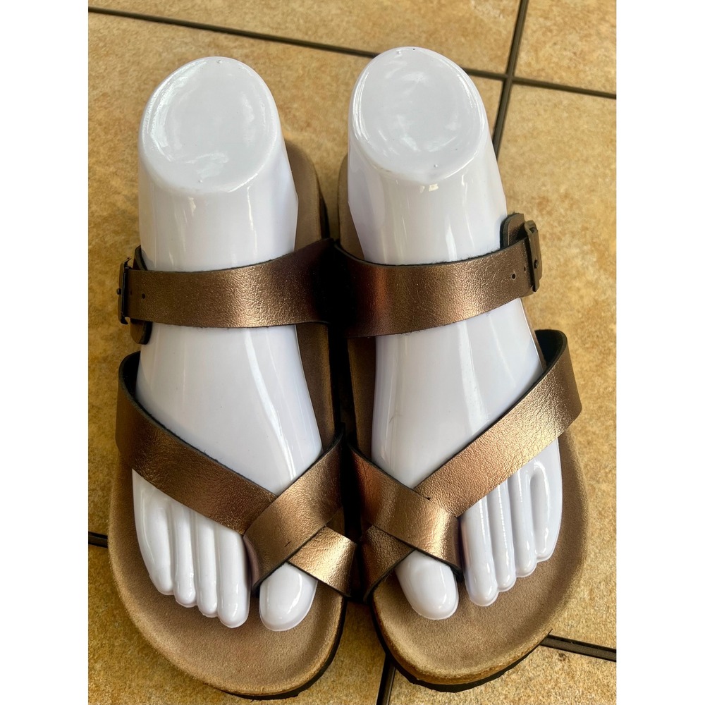 Mudd Womens Metallic Bronze Strappy Cork Footbed Slide Sandals Size 8 8.5